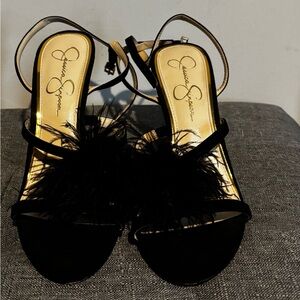 Jessica Simpson Black Feather Strap Heels